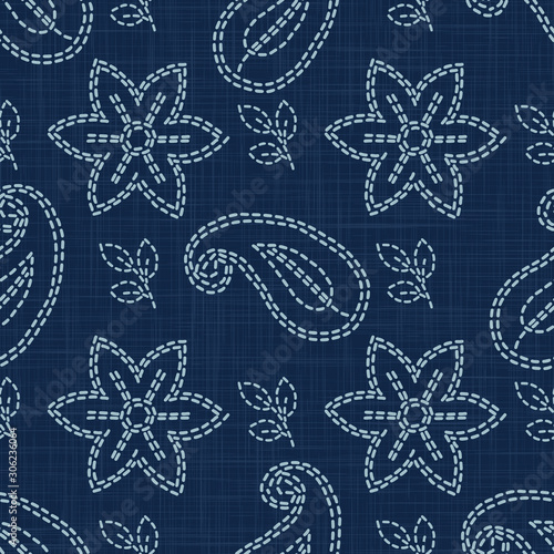 Flower Paisley Motif Embroidery Motif Background. Japanese Sashiko Needlework Seamless Linen Pattern. Hand Running Stitch Indigo Dark Blue. Texture Textile Allover Print. Japan  Quilt. Vector EPS 10
