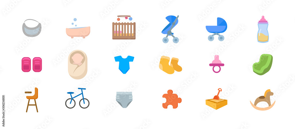 A vector illustration of cute baby girl flat icons like nappy pins, pacifier and baby toys.