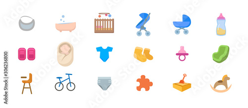 A vector illustration of cute baby girl flat icons like nappy pins, pacifier and baby toys.