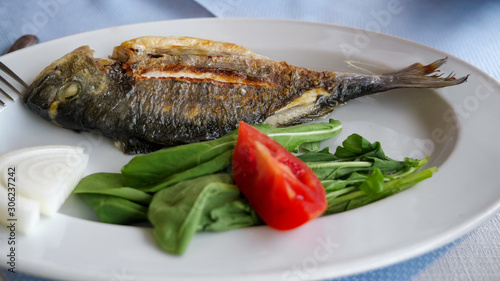 Fish served with green leaves and piece of tomato on white plate in restaurant, closeup