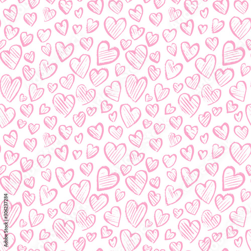 Romantic seamless pattern with cute images of hearts on a white background. The style of children's drawing.