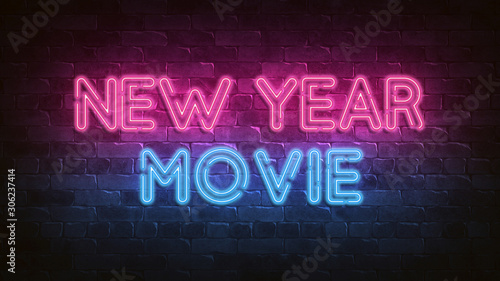 New Year movie neon sign. blue glow. neon text. Night lighting on the wall. 3d render. Holiday background. Greeting card for decorative design. New year christmas. Trendy Design. bright advertisement.