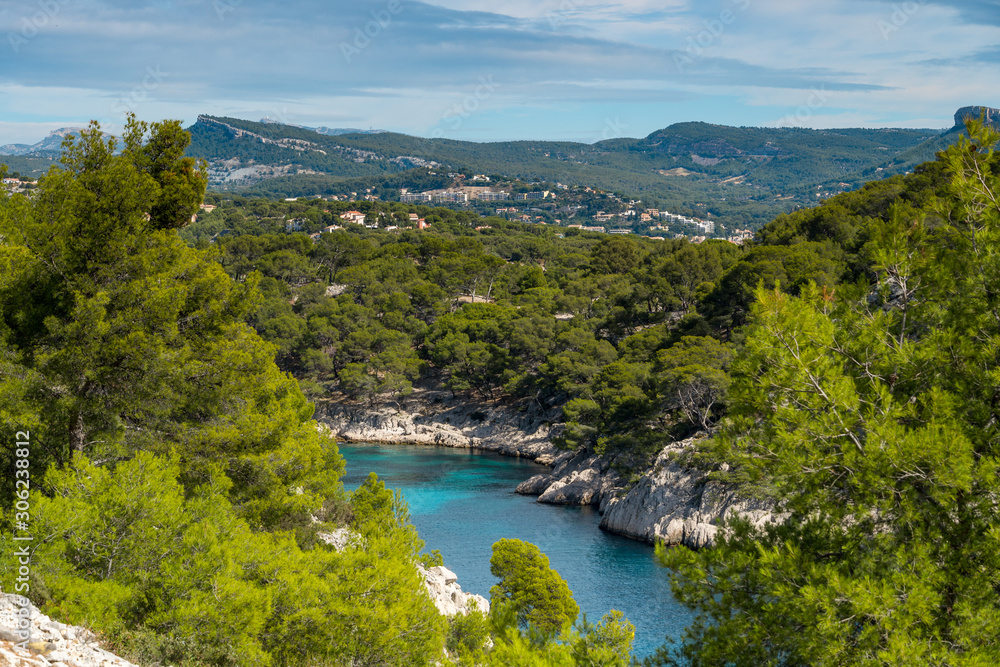 Beautiful nature of Calanques on the azure coast of France. Calanques - a deep bay surrounded by high cliffs.