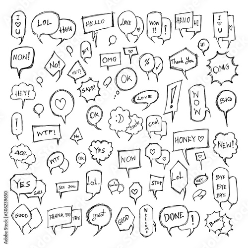 Set of Speech Bubble Drawing illustration Hand drawn doodle Sketch line vector eps10