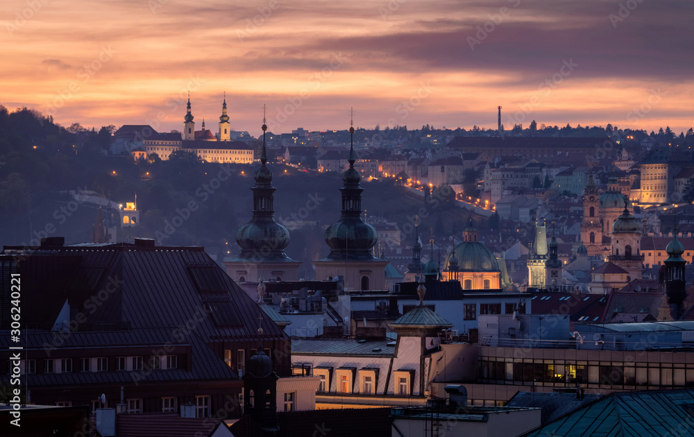 Beautiful evening view on Prague from the tower, Czech Republic