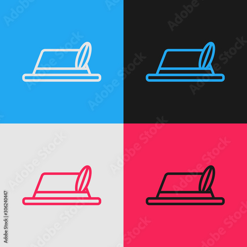 Color line Oktoberfest hat icon isolated on color background. Hunter hat with feather. German hat. Vintage style drawing. Vector Illustration