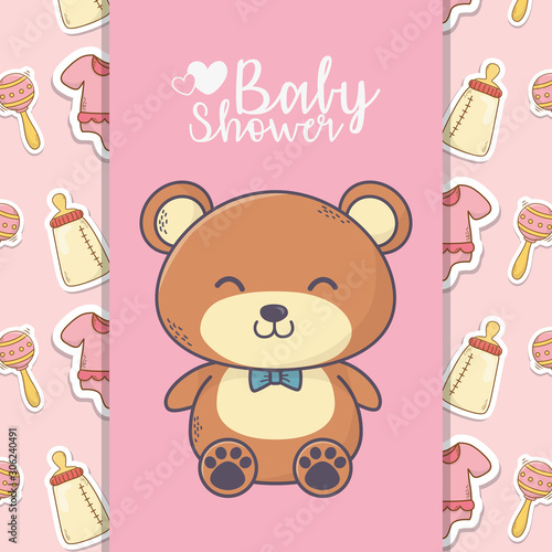 baby shower cute teddy bear toy bottle rattle background