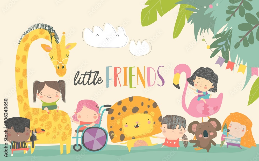 Fototapeta premium Cute children with cartoon animal. Happy friends