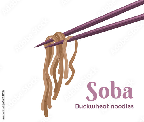 Chopsticks are holding soba isolated on a white background. Vector illustration of japanese food in cartoon simple flat style. Gluten-free buckwheat noodles.