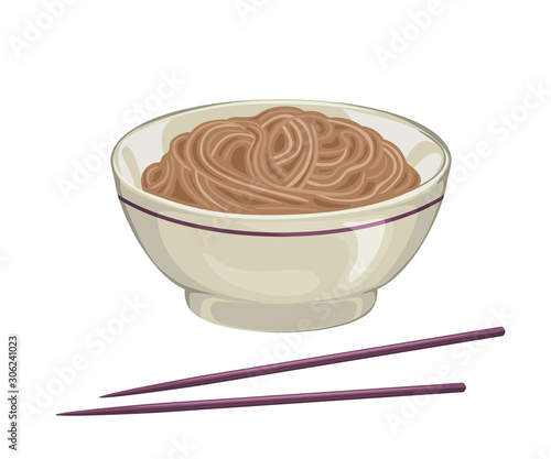 Soba noodles in bowl and chopsticks isolated on white background. Vector illustration of japanese food in cartoon simple flat style.