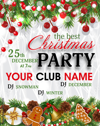 Christmas Party invitation template. Background for Xmas, New Year with decorations fir branches, holly berries, cones, Christmas tree, gingerbread cookies, golden bells and gift box.
