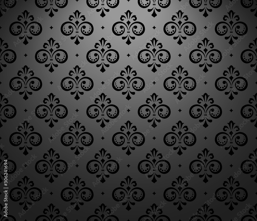 Wallpaper in the style of Baroque. Seamless vector background. Black floral ornament. Graphic pattern for fabric, wallpaper, packaging. Ornate Damask flower ornament Wallpaper in the style of Baroque. Seamless vector background. Black floral ornament. Graphic pattern for fabric, wallpaper, packaging. Ornate Damask flower ornament
