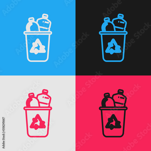Color line Recycle bin with recycle symbol icon isolated on color background. Trash can icon. Garbage bin sign. Recycle basket sign. Vintage style drawing. Vector Illustration