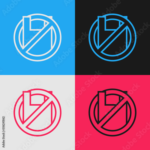 Color line Say no to plastic bags poster icon isolated on color background. Disposable cellophane and polythene package prohibition sign. Vintage style drawing. Vector Illustration