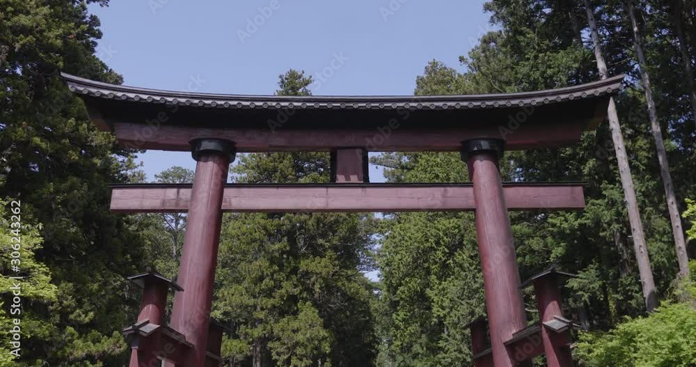revealing tall shinto temple tori gate, low angle dolly in shot revealing tall shinto temple tori gate, low angle dolly in shot