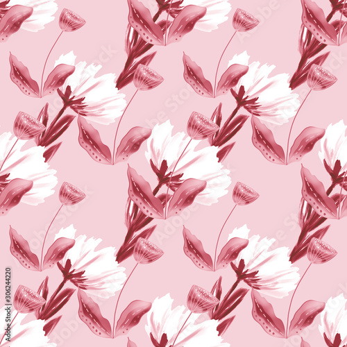 abstract hand-drawn flowers of white and light brown colors on a pink background  seamless pattern