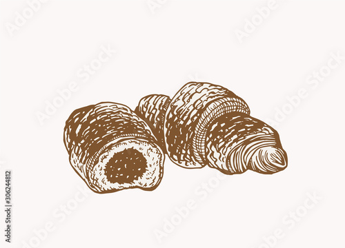 Two vector croissants,sepia background, graphical  vintage illustration