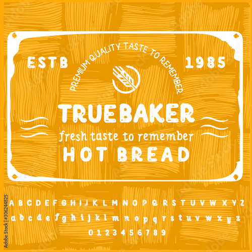 Hand Made Bakery Font  custom handwritten alphabet and logotype. Original Letters and Numbers. Vintage retro hand drawn typeface .Vector illustration. Textured Version.