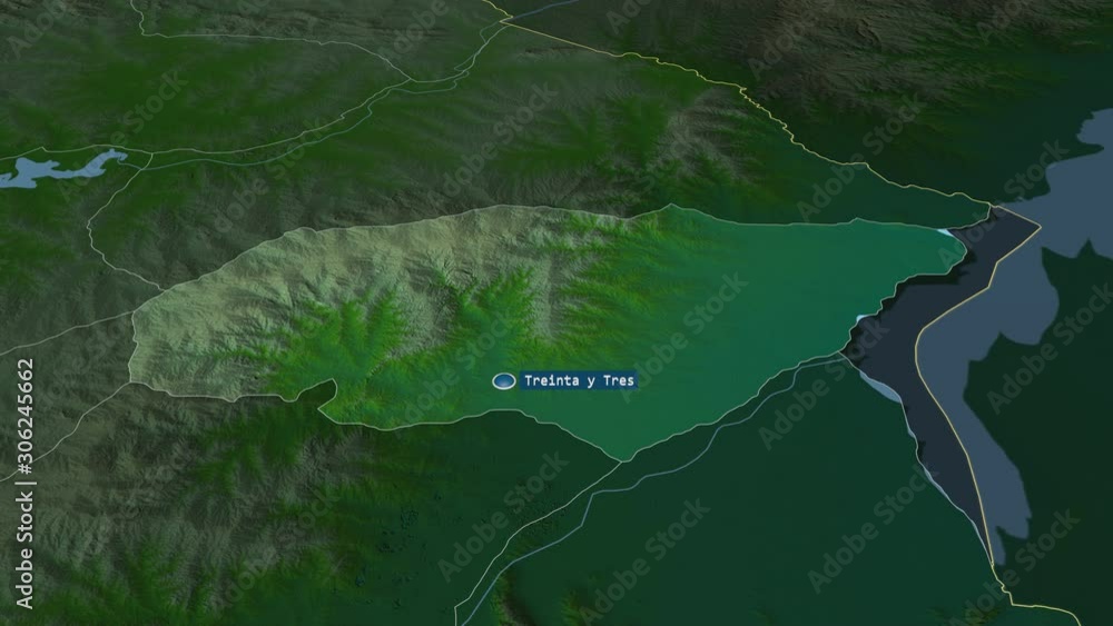 Treinta y Tres - department of Uruguay with its capital zoomed on the physical map of the globe. Animation 3D Treinta y Tres - department of Uruguay with its capital zoomed on the physical map of the globe. Animation 3D