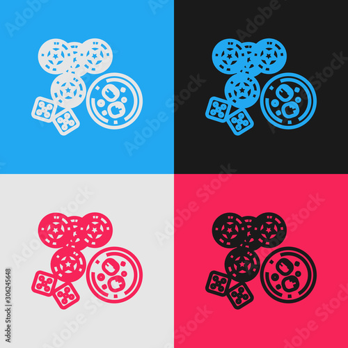 Color line Casino chips, game dice and glass of whiskey with ice cubes icon isolated on color background. Casino poker. Vintage style drawing. Vector Illustration