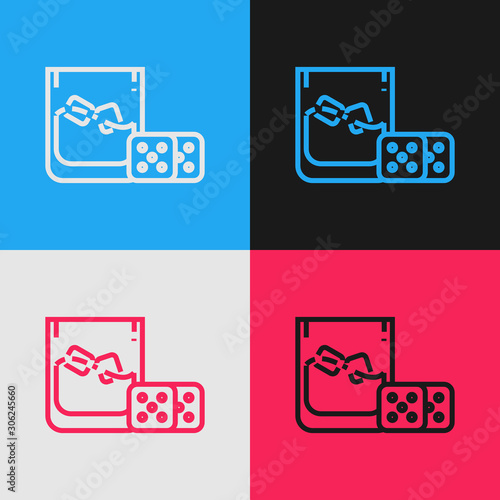 Color line Game dice and glass of whiskey with ice cubes icon isolated on color background. Casino gambling. Vintage style drawing. Vector Illustration