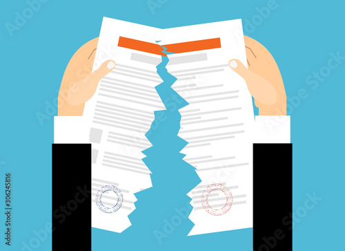 Businessman hands tearing apart contract. Contract termination concept. vector illustration in flat design