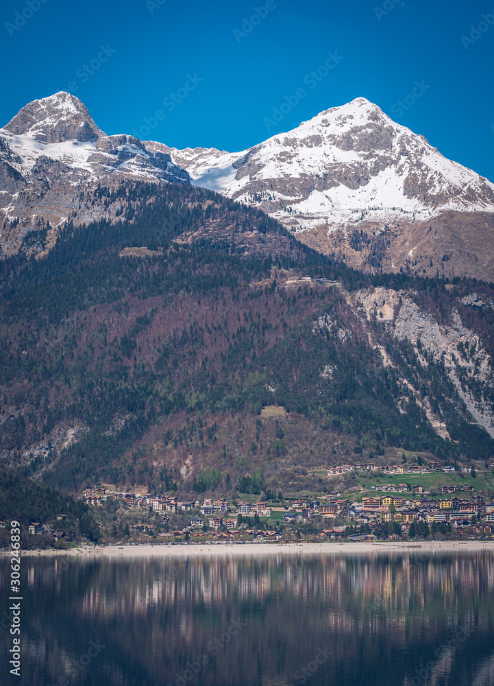 Laho di Molveno, Lake Molveno, Trentino, Italy. Reflection on the lake.