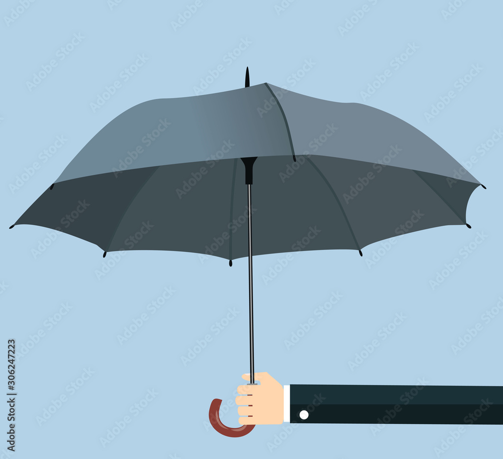 Businessman hand holding an umbrella. The concept of protection, insurance. illustration in flat design