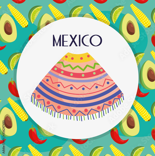 colorful poncho avocado chili pepper corn mexico traditional event decoration card