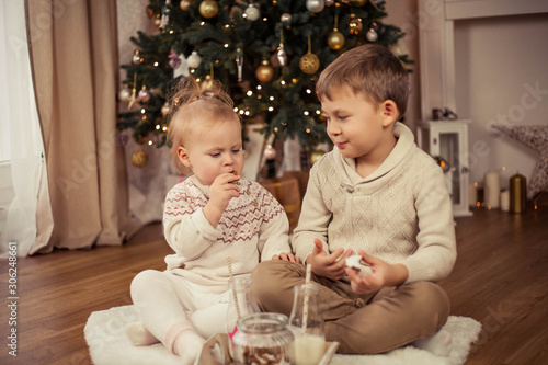 Little cute happy boy and girl sit near the Christmas tree and drink milk with Christmas cookies. Christmas. New Year.
