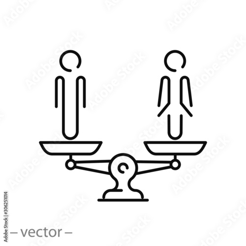 compare women and men on scales icon, gender inequality, balance justice, thin line web symbol on white background - editable stroke vector illustration eps10