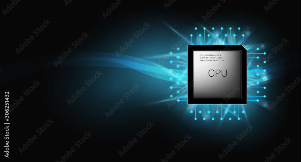 Quantum computer, large data processing, database concept.CPU isometric banner. Central Computer Processors CPU concept.Digital chip Futuristic microchip processor with lights on the blue background.