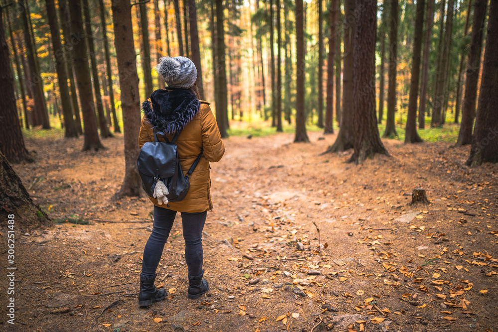 Young Traveler woman with backpack stand in forrest and enjoys nature and sunlight. Free time activity. Young Traveler woman with backpack stand in forrest and enjoys nature and sunlight. Free time activity.