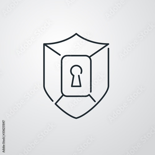 Símbolo seguridad. Icono plano lineal escudo con cerradura en fondo gris