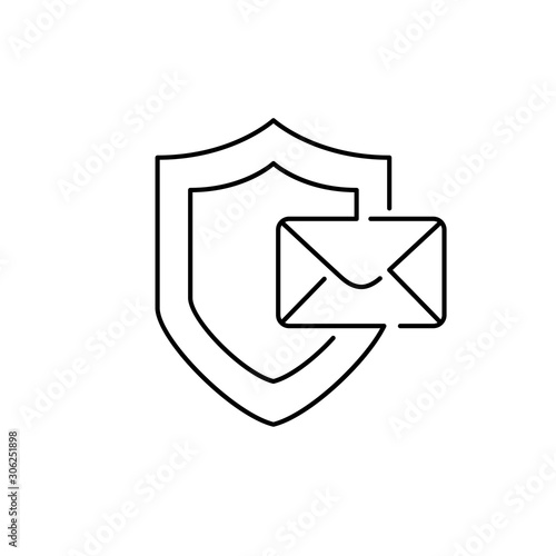 Correo electrónico seguro. Icono plano lineal escudo con sobre en color negro