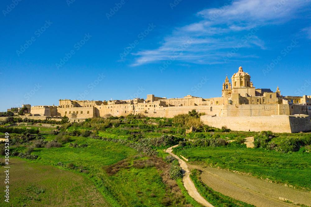 Mdina city - old capital of Malta. Aerial nature landscape, sunny day, blue sly, winter, a lot of green grass. Europe. Malta island