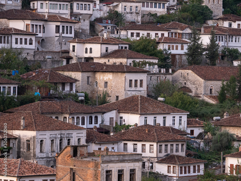 Close Up of Ottoman Buildings with Multiple Windows in Berat Albania