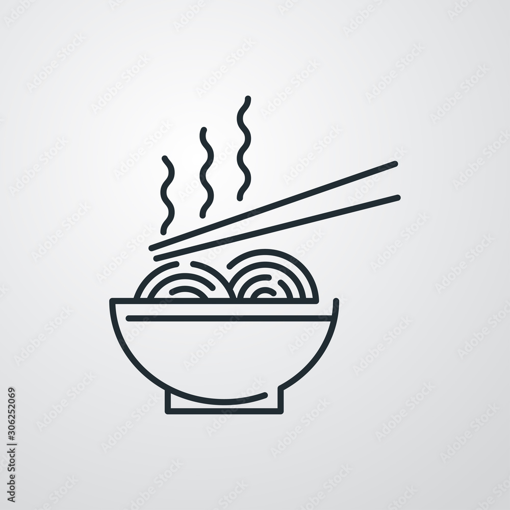 Logotipo de ramen y noodles. Icono plano lineal fideos chinos en bol con palillos en fondo gris Logotipo de ramen y noodles. Icono plano lineal fideos chinos en bol con palillos en fondo gris