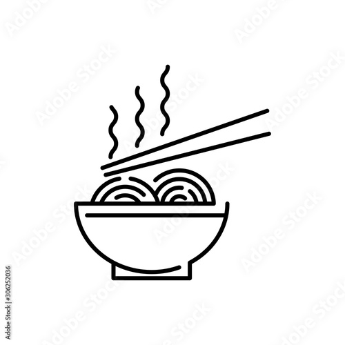 Logotipo de ramen y noodles. Icono plano lineal fideos chinos en bol con palillos en color negro