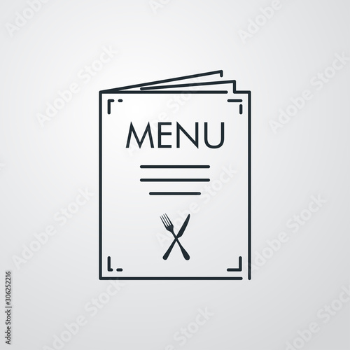 Logotipo menú de restaurante en afiche. Icono lineal en fondo gris