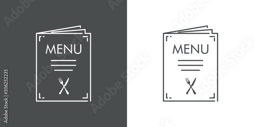 Logotipo menú de restaurante en afiche. Icono lineal en fondo gris y fondo blanco