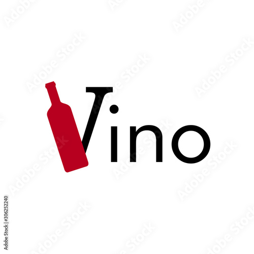 Logotipo palabra Vino con botella de vino en V en color granate