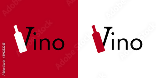 Logotipo palabra Vino con botella de vino en V en fondo granate y fondo blanco