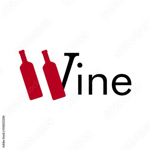 Logotipo palabra Wine con botella de vino en W en color granate