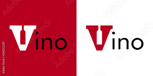 Logotipo palabra Vino con botella de vino en V en fondo granate y fondo blanco
