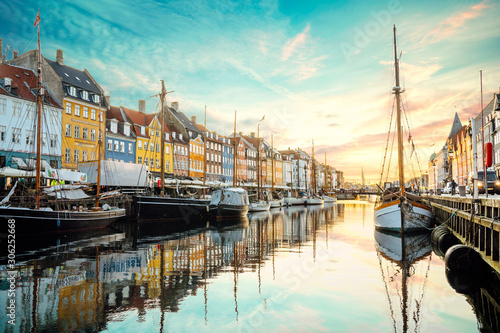 The view of touristic street Nyhavn in the morning light