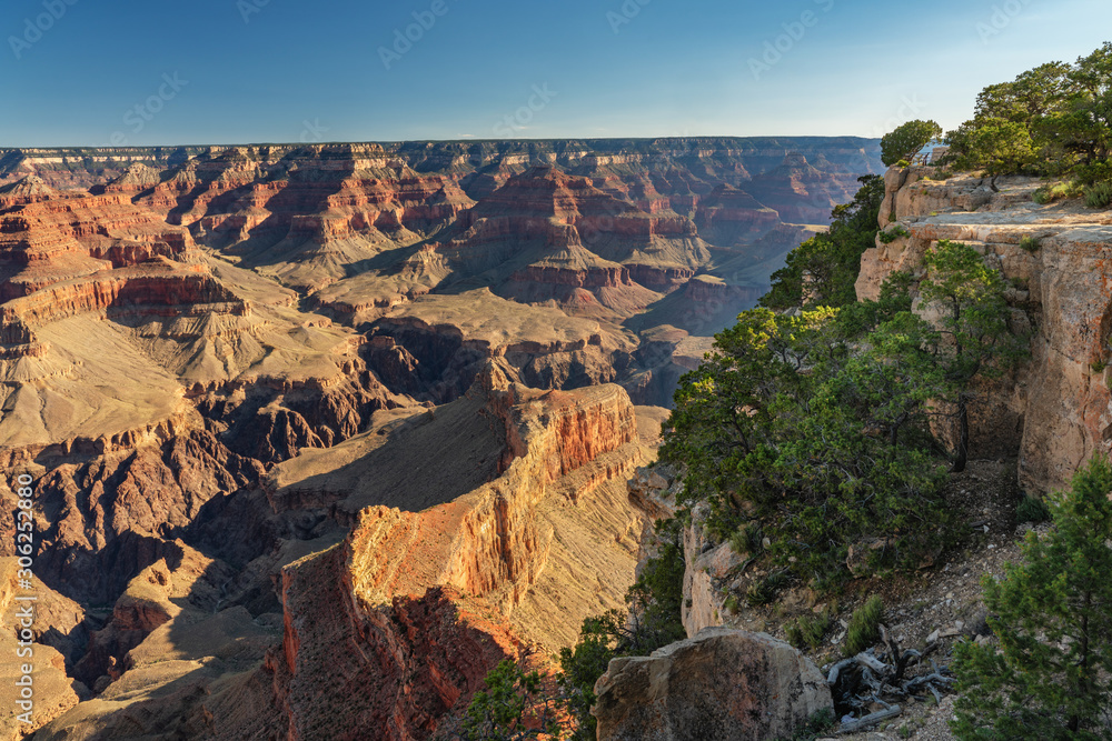 Morning view deep into the Grand Canyon from the Rim Trail