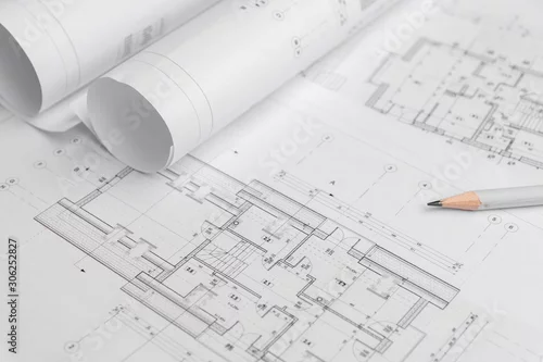Obraz Rolki architekta i plan architektoniczny, rysunek projektu technicznego