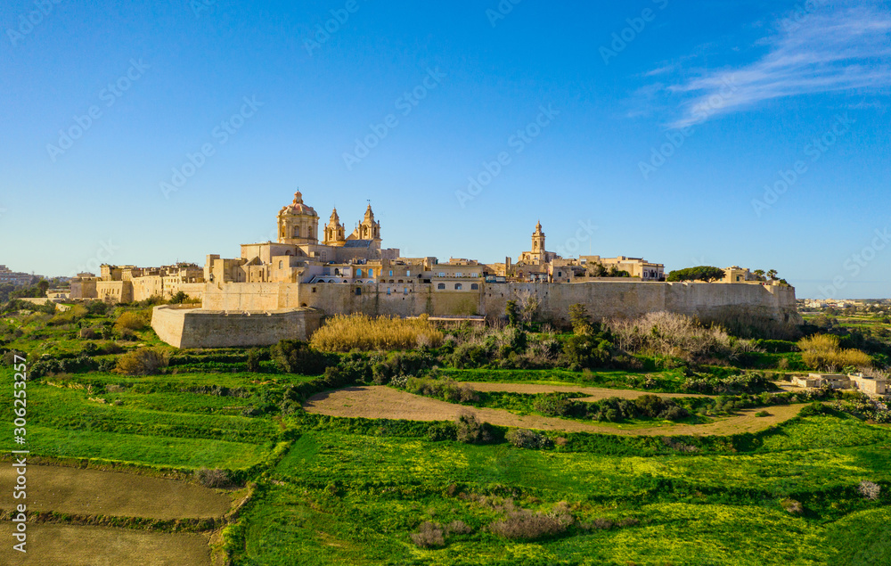 Mdina city - old capital of Malta. Aerial nature landscape, sunny day, blue sly, winter, a lot of green grass. Maltese islands