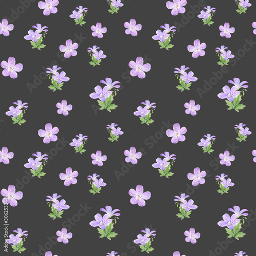 Seamless pattern of watercolor geranium flowers. Perfect for web design, cosmetics design, package, textile, wedding invitation, logo